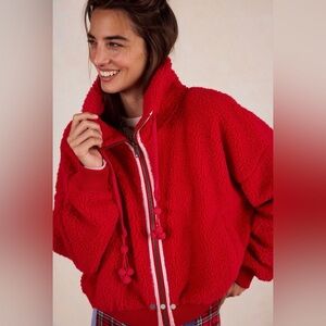 Free People Alpine Sherpa Jacket Braided Braided Drawcords Pockets Zip RedSalsa